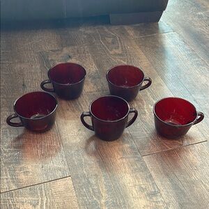 Vintage Royal Ruby‎ glass open sugar dish by Anchor Hocking and 4 Tea Cups